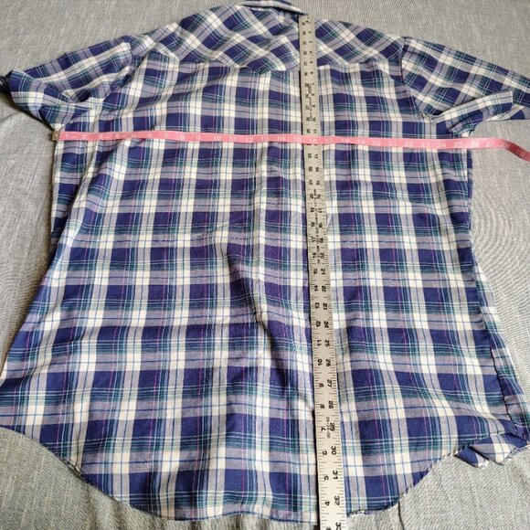 VINTAGE Roebucks Shirt Size XL Blue Short Sleeve Plaid Pearl Snap Western Yoke - Picture 5 of 9